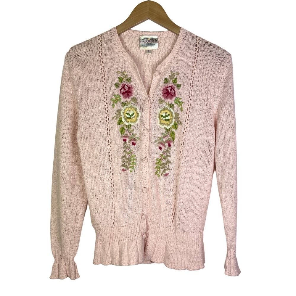 Vintage 90s Cottagecore Hand Embroidered Pink Knit Cardigan Sweater size SP - Picture 2 of 6